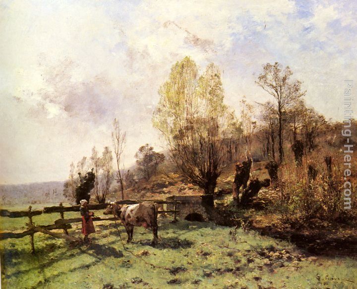 Leon Germain Pelouse A Pastoral Scene with a Milkmaid and a Cow